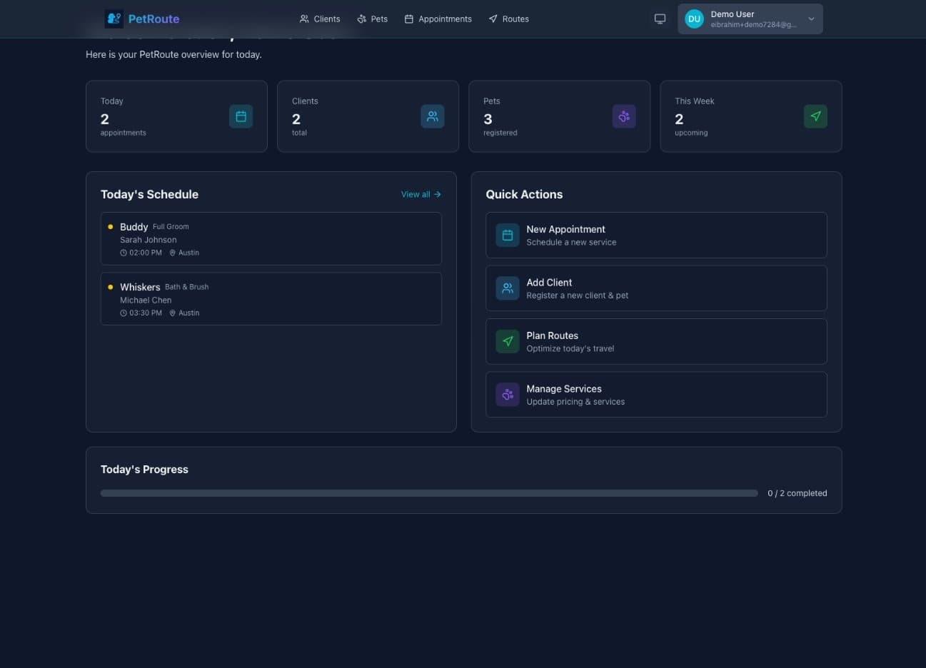 PetRoute dashboard showing today's schedule, stats, and quick actions